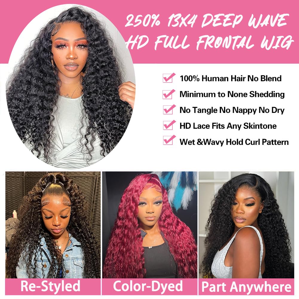 250 Density Deep Wave Lace Front Wigs Human Hair Curly Wig Wet and Wavy Lace Front Wigs Pre Plucked Frontal Wigs 20 Inch 100% Real Human Hair No Synthetic No Tangle No Shedding Triple Lifespan 3X