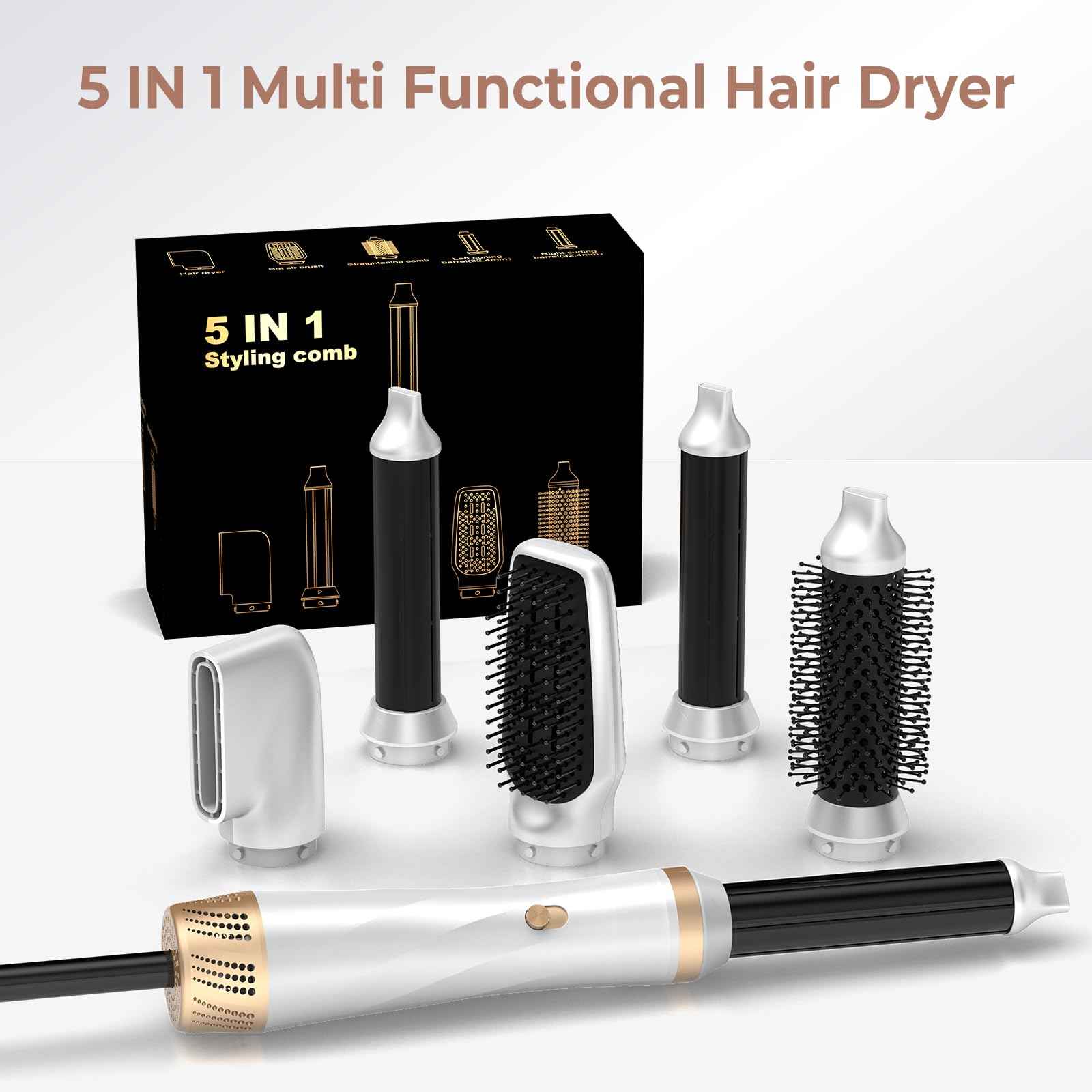 5 in 1 Hair Dryer Brush Set, Blow Dryer Brush with Air Style Wrap Hair Styler, Negative Ionic Magic Style Set, Detachable Air Curler for Volumizer,Straightener,Drying