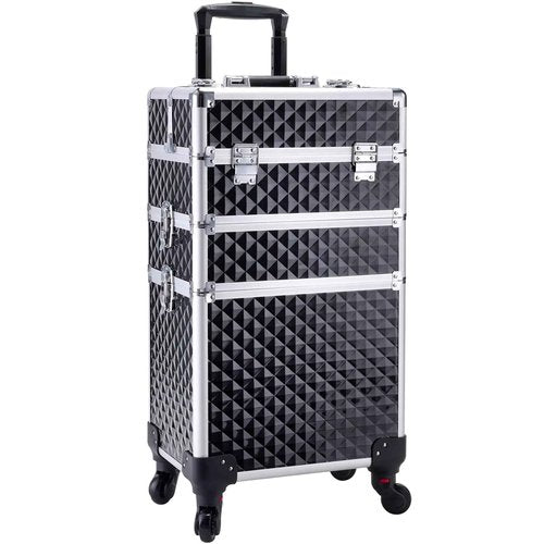 Adazzo 3 in 1 Professional Rolling Makeup Train Case Aluminum Trolley Case with 360° Rotation Wheels for Makuep Artist Cosmetic Suitcase Organizer with Lock and Key Diamond Pattern - Black