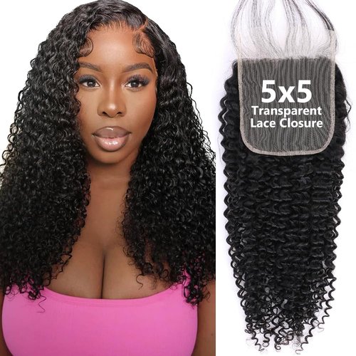 5x5 HD Lace Closure Jerry Curly Ultra-thin Transparent HD Lace Closure 12A Brazilian Virgin Human Hair Closure Free Part Pre Plucked with Baby Hair Natural Black 20 Inch