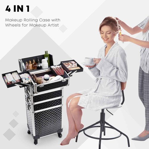 Adazzo 4 in 1 Rolling Makeup Case Cosmetic Train Case Trolley Roll Travel Box for Makeup Artist, Hairstylists, Nail Tech Makeup Cart with Key Swivel Wheels Barber Case Traveling Trunk Black