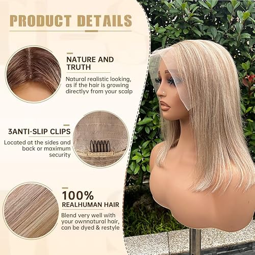 8T860 10 Inch Highlight Bob Wigs Human Hair for White Women Brown to Blonde with Brown Roots Ombre 13x6 HD Lace Front Wig Human Hair Pre Plucked Pre Cut Glueless Straight Bob Wigs with Baby Hair