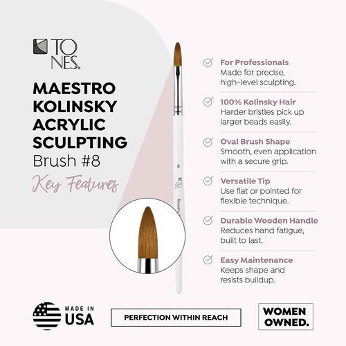 Tones Maestro Kolinsky Sculpting Brush - 100% Kolinsky Sable Hair Brush for Acrylic Nails - Ultra Precise Nail Sculpting and 3D Nail Art Brush (#8)