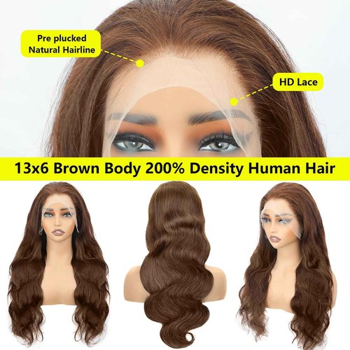 UYGLJK 13x6 Chocolate Brown Lace Front Wig HumanHair HD Transparent Pre Plucked Glueless Frontal 26 Inch Brown Wig Human Hair 200% Density