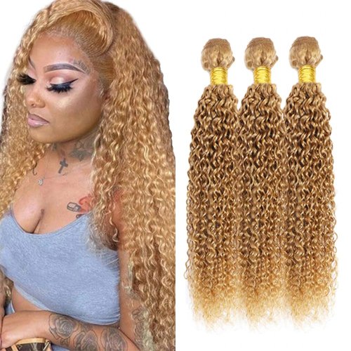 Biliisyff Color #27 Honey Blonde Curly Human Hair Bundles Brazilian Virgin Remy Hair Extensions Double Weft Color 27 Bundles Human Hair Honey Blonde Curly Wave 20 22 24 Inch