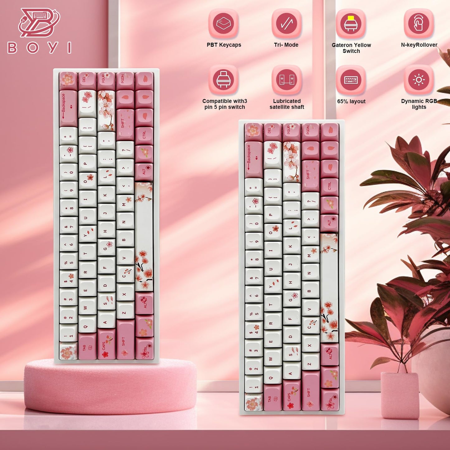 ZMX X BOYI Cherry Blossom Pink Gaming Keyboard,65% Compact 68 Keys Mini Hot Swap Tri-Mode BT/2,4G/Type-C Wireless Mechanical Keyboard with Dye-Sub PBT XDA Keycaps (Yellow Switch)