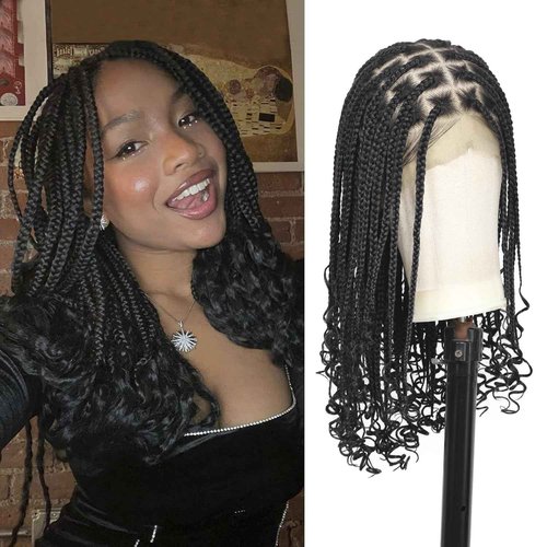 Kalyss 13x8 Hd Lace Front Knotless Braided Wigs with Curly Ends for Women Box Braid Wig with Baby Hair Black Synthetic Hair Braided Wig 24"