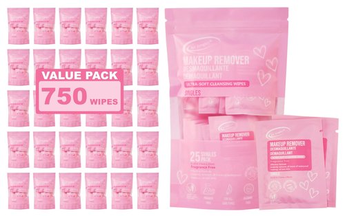 Air Jungles Makeup Remover Wipes Singles Wrapped 30 Pack, 750 Packs, Extra Large 6" x 8", Fragrance-Free, Removes Makeup and Oil, Ultra Soft Cleansing Wipes, Alcohol Free