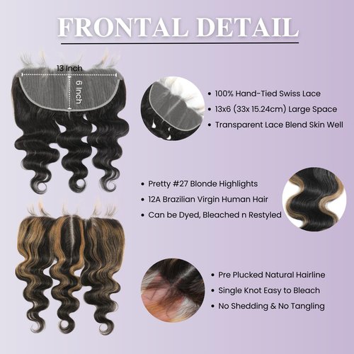 AUROO 13x6 Ombre Human Hair Frontal Only (150% Density, 18 IN), 12A Virgin Highlight Ear to Ear Lace HD Transparent Body Wave #27 Honey Blonde Skunk Stripe Frontal Pre Plucked Larger Free Deep Parting