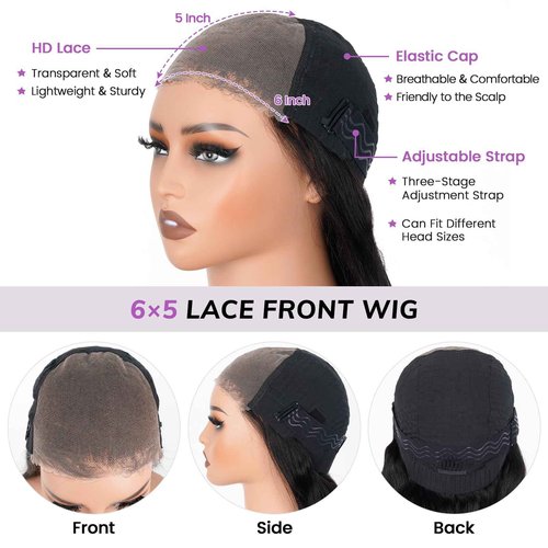 Looxey 6x5 Lace Front Wig Human Hair Wig for Women 210% Density Body Wave Wear and Go Glueless Wigs Pre Plucked Pre Cut Lace Wigs Pre Bleached Tiny Knots Wig 18 Inch