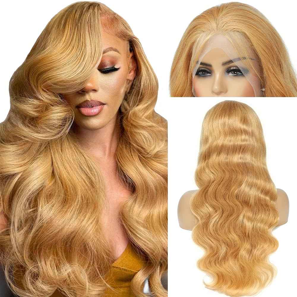 Honey Blonde HD Lace Front Wig Human Hair Pre Plucked Body Wave Honey Blonde Wig Human Hair 200% Density Lace Frontal Wigs Colored 27# 30 Inch