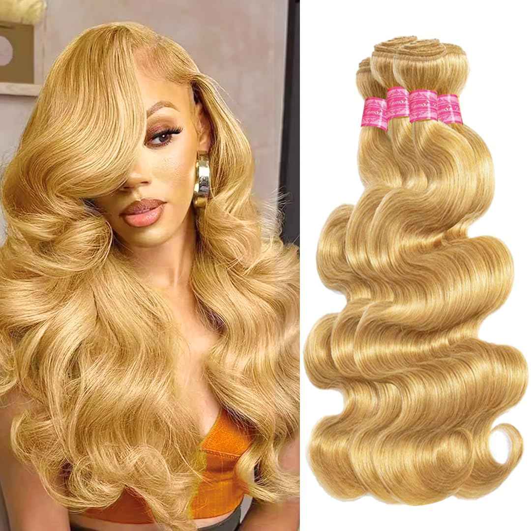 Honey Blonde Body Wave Bundles Human Hair 12A Raw Hair NO.1 Color 27 Bundles Human Hair 14 16 18 20 Inch 100% Unprocessed Brazilian Virgin Hair for Black Women