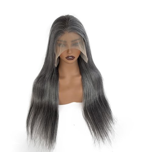 Salt and Pepper Gray Wigs Human Hair for Black Women Soft Straight 13x4 HD Lace Frontal Wig Dark Hair with White Highlighted Wigs Salt & Pepper Wig Human Hair 180% Density Pre Plucked 26 Inch