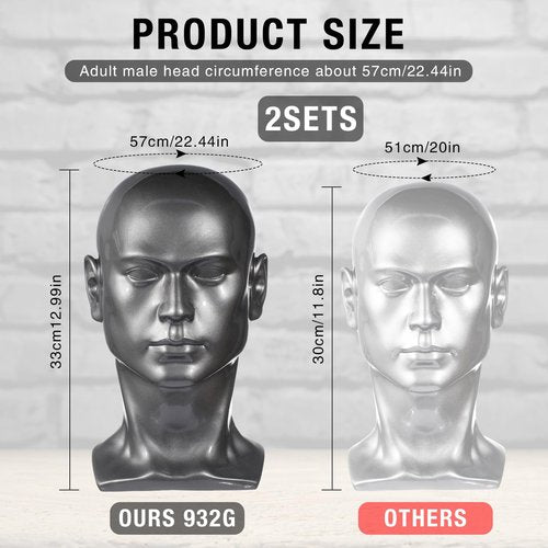 Geetery 2 Pcs Large Male Mannequin Head PVC Manikin Professional Man Head Model Silver Grey Display Stand for Display Wigs, Mask, Headset, Headphone, Hats, Jewelry, Hair, Glasses