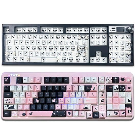 ZMX GMK104 Full Size Mechanical Keyboard Kit with Black & Pink Cute Cat Keycaps Set