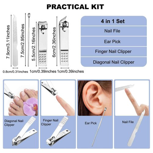 HAIFOTRVA 100 Sets Finger Nail Clipper Set Bulk,4 in 1 Adult Stainless Steel Travel Manicure Kit with Case Individually Wrapped Nail Clippers Bulk for Homeless,Hotel,Charity(2 Colors)