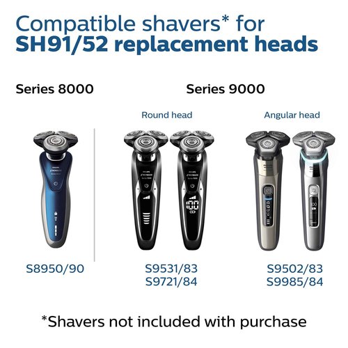 Philips Norelco Genuine SH91/52 Replacement Shaving Heads Compatible with Norelco Shaver Series S9000 and 9000 Prestige, Latest Version for Refreshed SH90/70, SH98/70, and SH98/80