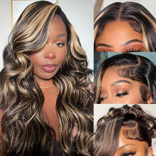 ABALON Balayage Body Wave Lace Front Wig Human Hair 16 Inch 200% Density Highlight Ombre HD Lace Frontal Wigs Human Hair Pre Plucked FB/27 13x4 Glueless Wigs for Black Women