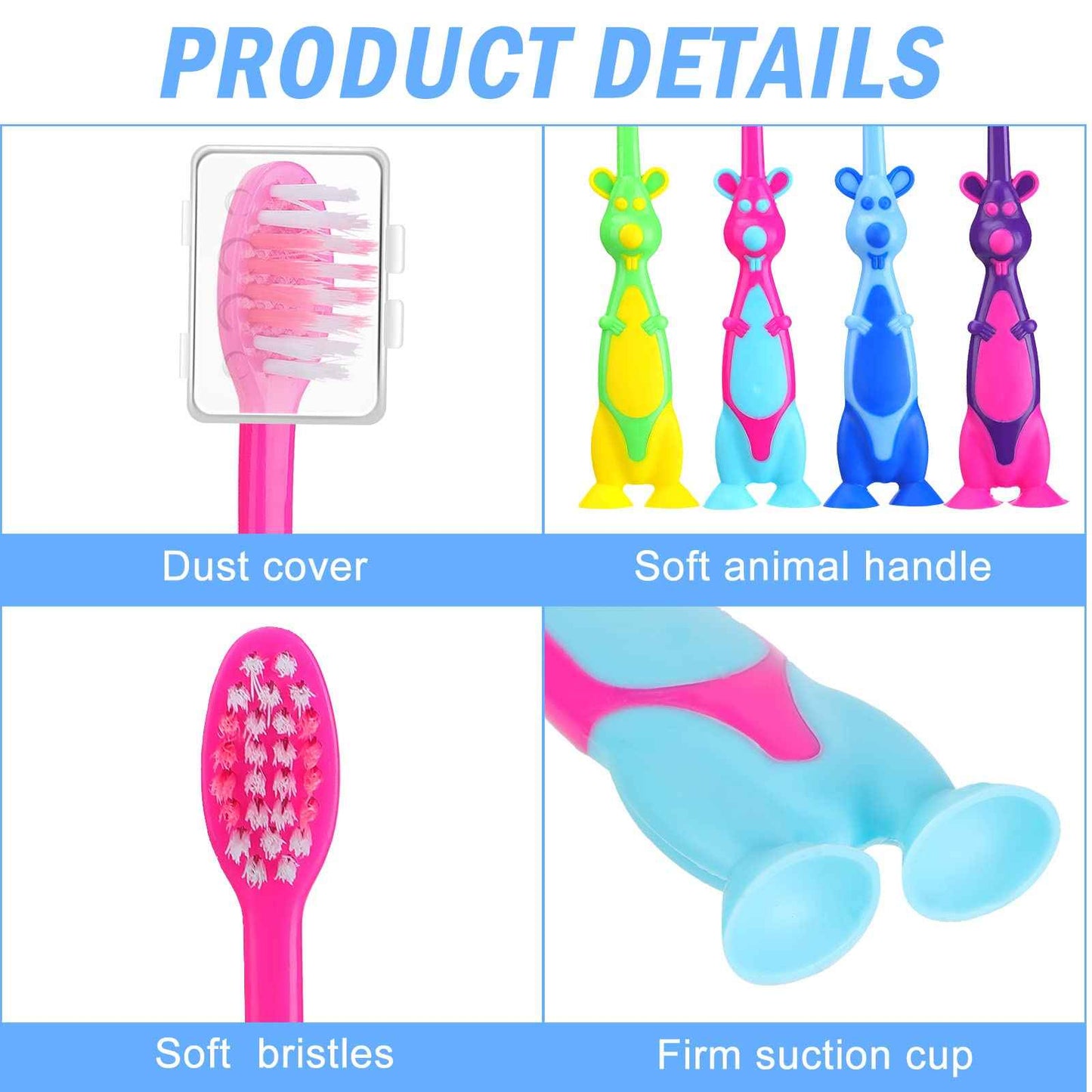 Gerrii Kids Toothbrushes Bulk Soft Lovely Little Kangaroo with Covers Suction Cup Individually Wrapped for Children Toddler Home School Camp Daycare Travel