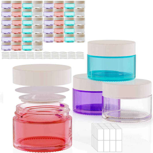 48Pack 1 oz, Small Colored Glass Cosmetic Candle Jars with White Lids, Empty Refillable Travel Container For Cream,Lotions, Powders,Salves,Slime Storage,With Lables And Inner Liners (48, mixed)
