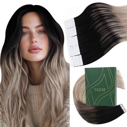 Ugeat Blonde Hair Extensions Tape in Dark Roots Tape in Hair Extensions Human Hair Black to Ash Blonde Mix Platinum Blonde Medium Length Lightweight for Wedding 18Inch 20Pcs 50G