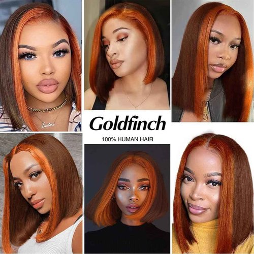 Goldfinch Ginger Orange Highlight Skunk Stripe Short Bob Wigs Human Hair Ombre 13x4 HD Chocolate Brown Straight Lace Frontal Bob Wigs Brazilian Virgin Wig 150% Density Pre Plucked 14 Inch