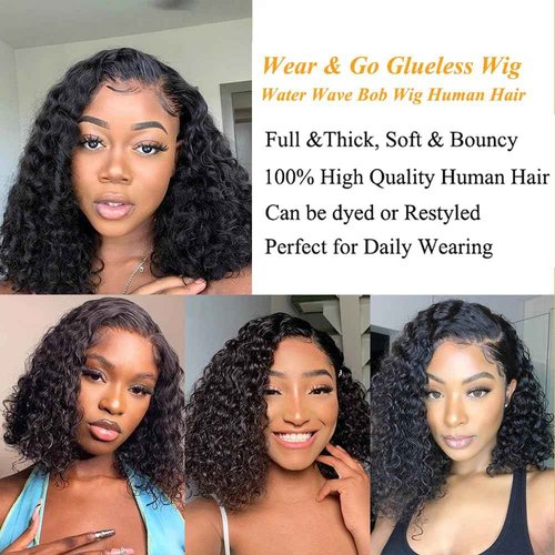 KeepMe Wear and Go Glueless Wig Human Hair Pre Plucked Water Wave Bob Wig Human Hair Wet and Wavy Wigs Human Hair 4x4 Closure Wig Human Hair for Women 12 Inch