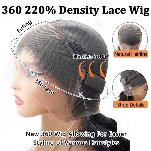 Abijale 360 Lace Front Wigs Human Hair 220% Density Hidden Straps Body Wave HD Lace Front Wigs with Drawstring 360 Full Lace Wigs Brazilian Virgin Human Hair Wig for Women Natural Black 20Inch