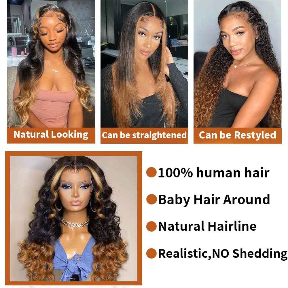200% Density 13x6 Lace Front Wigs Human Hair Pre Plucked Body Wave HD Transparent Ombre Lace Front Wigs With Baby Hairs Glueless Wigs Human Hair 13x6 Blonde Colored Human Hair Wig For Women 18 Inch