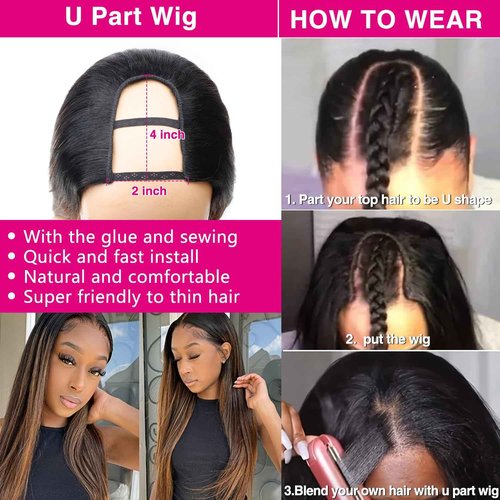 Homgoss FB30 U Part Wigs With Drawstring for Women Straight Human Hair Wigs 200% Density Highlight Ombre U Part Human Hair Wigs Can Be Dyed and Bleached(20 inch)