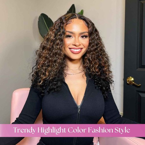 Anmetan Honey Blonde Highlight Black and Brown Ombre 4x4 Closure Water Wave Human Hair 20 In, 12A F1B30 Color Wet and Wavy 100% Remy Pre-plucked with Baby Hair Free-part Hairline 4x4 Lace Closure