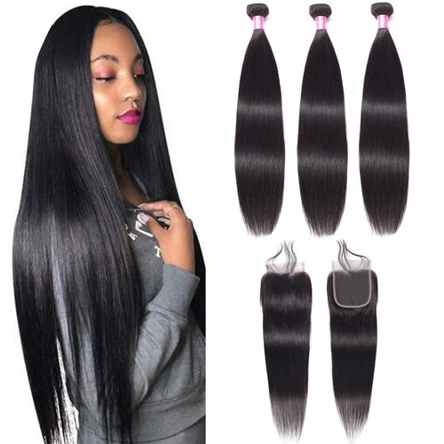 Peruvian Straight Human Hair Bundles with Closure(12" 14" 16"+10") Unprocessed Virgin Human Hair 3 Bundles with Closure 10A Straight Hair Weave Bundles with Lace Closure Natural Color
