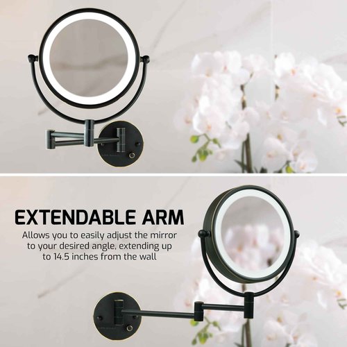 OVENTE Wall Mounted Lighted Makeup Vanity Mirror, 9" Hard Wired Double Sided 1X/7X Magnifying Bathroom Mirror, Dimmable LED Lights, 360° Rotation and 14" Extendable Arm, Rubbed Bronze MPWD3185BZ1X7X