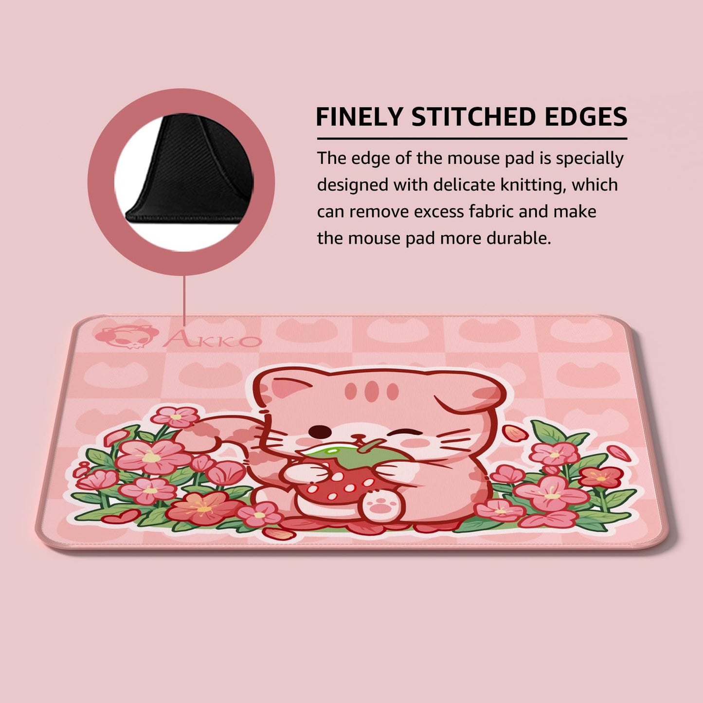 Akko Gaming Mousepad, Cat Theme Pink Keyboard Computer Mouse Pad Desk Mat with Stitched Edges, 14.17 x 11.02 in Anti-Slip Durable Rubber Base for Home Office Gaming Work