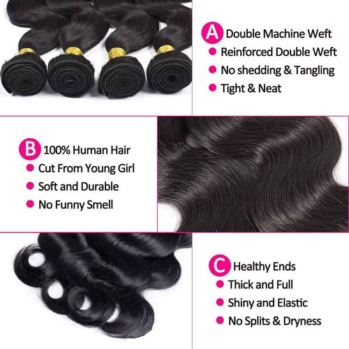 Human Hair Bundles Body Wave 18 20 22 24 Inch 100% Unprocessed Brazilian Body Wave 4 Bundles Human Hair Extensions for Women Quick Weave Natural Color