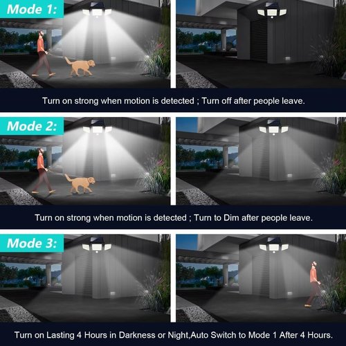 Tuffenough Solar Outdoor Lights 2500LM 210 LED Security Lights with Remote Control,3 Heads Motion Sensor Lights, IP65 Waterproof,270° Wide Angle Flood Wall Lights with 3 Modes(4 Packs)