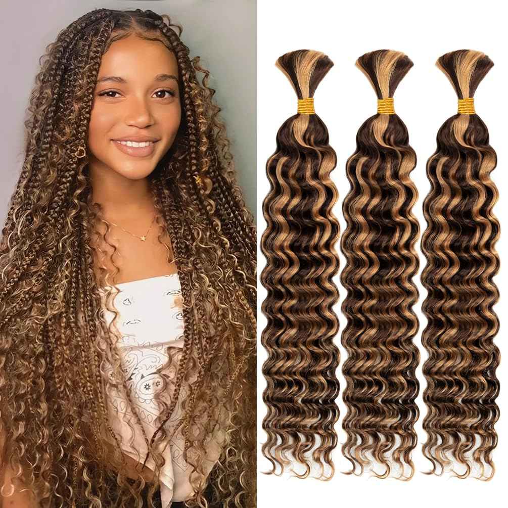 Human Braiding Hair, 3 Bundle 150g 20 Inch Boho Braids Human Hair 15A Deep Wave Bulk Brazilian Virgin No Weft Wavy Hair Extension for Boho Knotless Balayage Brown to Blonde