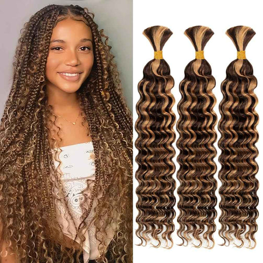 Human Braiding Hair, 3 Bundle 150g 20 Inch Boho Braids Human Hair 15A Deep Wave Bulk Brazilian Virgin No Weft Wavy Hair Extension for Boho Knotless Balayage Brown to Blonde