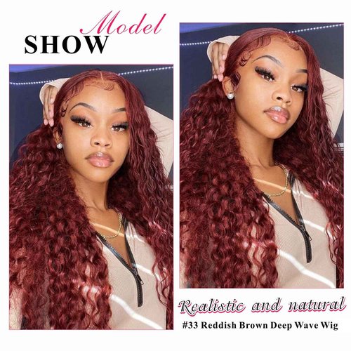 Aveiyce Reddish Brown Deep Wave Lace Front Wigs Human Hair 33b Colored 13x4 HD Lace Frontal Wig for Women 180% Density Auburn Glueless Curly Wig Pre Plucked 20 Inch