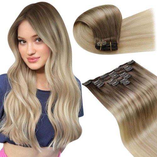 LaaVoo Human Hair Extensions Clip ins Hair Ombre Brown to Ash Blonde with Platinum Blonde Balayage Clip on Hair Extensions Human Hair 18 Inch Clip in Extensions Remy Hair Soft Straight 7PCS 120G