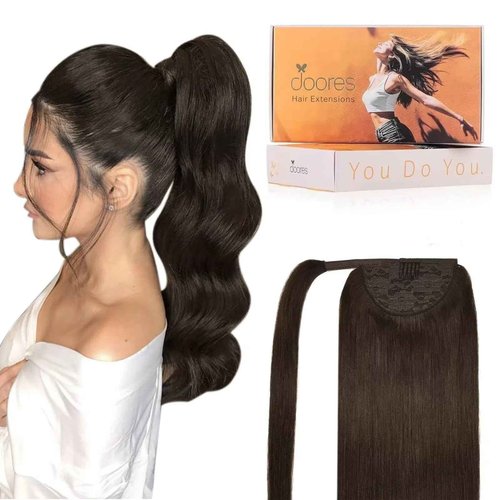 DOORES Hair Extensions Ponytail Extension Human Hair Dark Brown 14 Inch 75g Clip in Ponytail Hair Extensions Straight Ponytail Hair Piece For Women Wrap Around Ponytail with Magic Paste