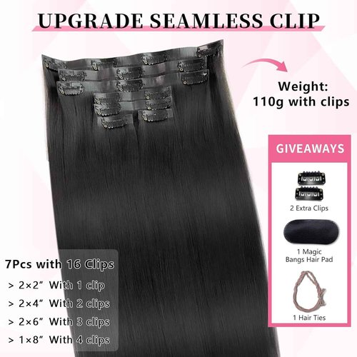 FBLhair 22 inch Seamless Clip in Hair Extensions Real Human Hair 110g 7pcs Human Hair Extensions Clip ins for Black Women 1B Natural Black Straight