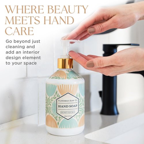 FlowerBox Liquid Hand Soap with Pump – Set of 12 Scented, Decorative Hand Soap Dispensers for Bathroom and Kitchen – 500 mL Luxury Floral Mosaic Bottles, Gift Pack