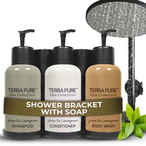 Terra Pure Spa Collection | Wall-Mounted No-Drill Hotel Amenities Dispenser | 10.14oz Bottles | Tamper-Proof Locking Bracket | 1 Bracket with Shampoo, Conditioner, and Body Wash
