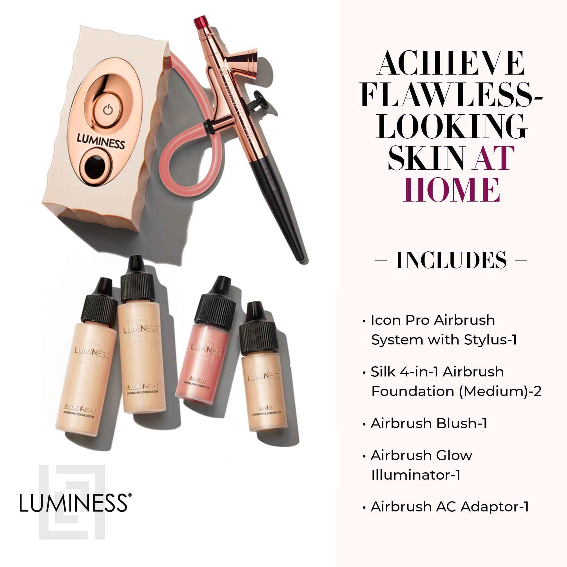 Luminess Air Icon Pro Airbrush System with 4-Piece Foundation Starter Kit, Medium Coverage - Quick, Easy & Long Lasting Application - Includes Silk 4-In-1 Foundation, Highlighter and Blush