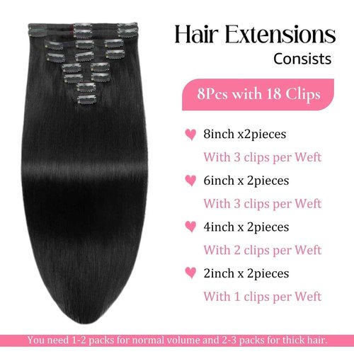 Clip in Hair Extensions Real Human Hair Clip-in Black Hair Extensions 3.9oz/110g Clip ins 100% Brazilian Remy Human Hair for Women Straight 8pcs with 18 Clips Double Weft (22 Inch #1 Jet Black)