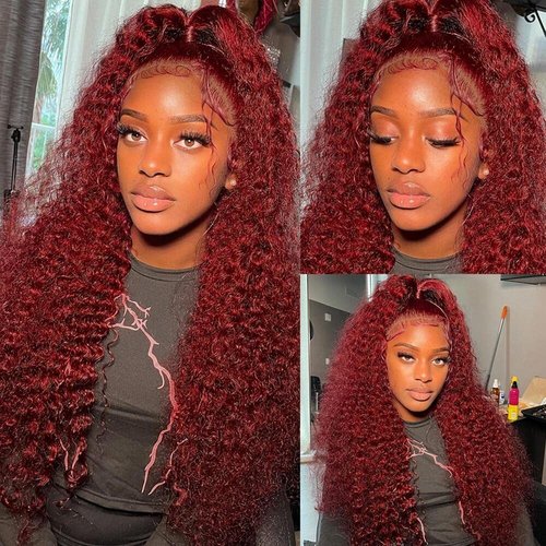 Larhali 99J HD Lace Front Wigs Human Hair Pre Plucked 180% Density Burgundy 13x6 Deep Wave Frontal Wigs Natural Hairline Human Hair Wigs for Black Women(18 Inch)
