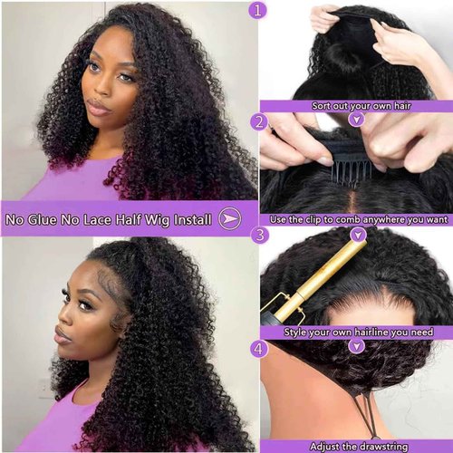 Vedusal Half Wig Human Hair Jerry Curly Half Wig 200% Density Wear And Go Glueless Wigs Human Hair 3 In 1 Half Wigs With Drawstring Seamless Flip Headband Wig For Women 22Inch