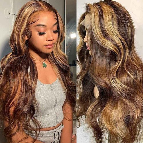 Yllies Honey Blonde Highlight Ombre Middle Part Lace Front Wigs Human Hair T Part HD Transparent Lace Body Wave Wigs 180% Density Brazilian Human Hair 4/27 Colored Glueless Wigs for Women(24 Inch)