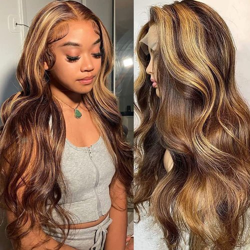Yllies Honey Blonde Highlight Ombre Middle Part Lace Front Wigs Human Hair T Part HD Transparent Lace Body Wave Wigs 180% Density Brazilian Human Hair 4/27 Colored Glueless Wigs for Women(20 Inch)